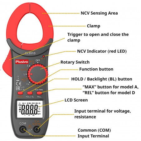 Plusivo CL201-D Digital Clamp Meter T-RMS 3999 Counts