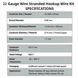 22 AWG Hook up Wire Kit -  600V Tinned Stranded Silicone Wire of 6 Different Colors x 23 ft each