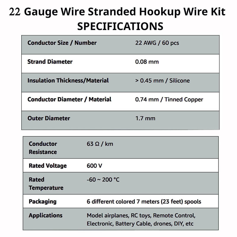 22 AWG Hook up Wire Kit - 600V Tinned Stranded Silicone Wire of 6 ...