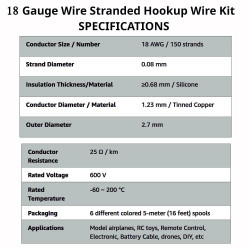 Plusivo 18AWG Hook up Wire Kit - 600V Tinned Stranded Silicone Wire of 6 Different Colors x 16 ft each