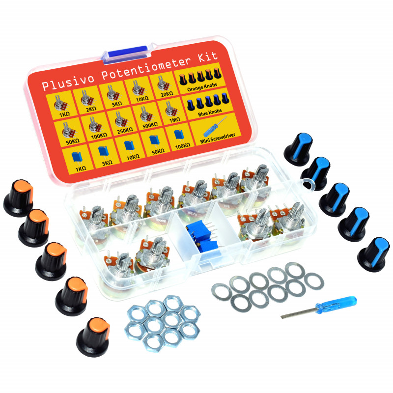 Plusivo Potentiometer Assortment Kit - 46 pcs B1K–B1M Ohm Linear Rotary Taper Potentiometer with WH148 Knobs Plusivo Potentiometer Assortment Kit - 46 pcs B1K–B1M Ohm Linear Rotary Taper Potentiometer with WH148 Knobs