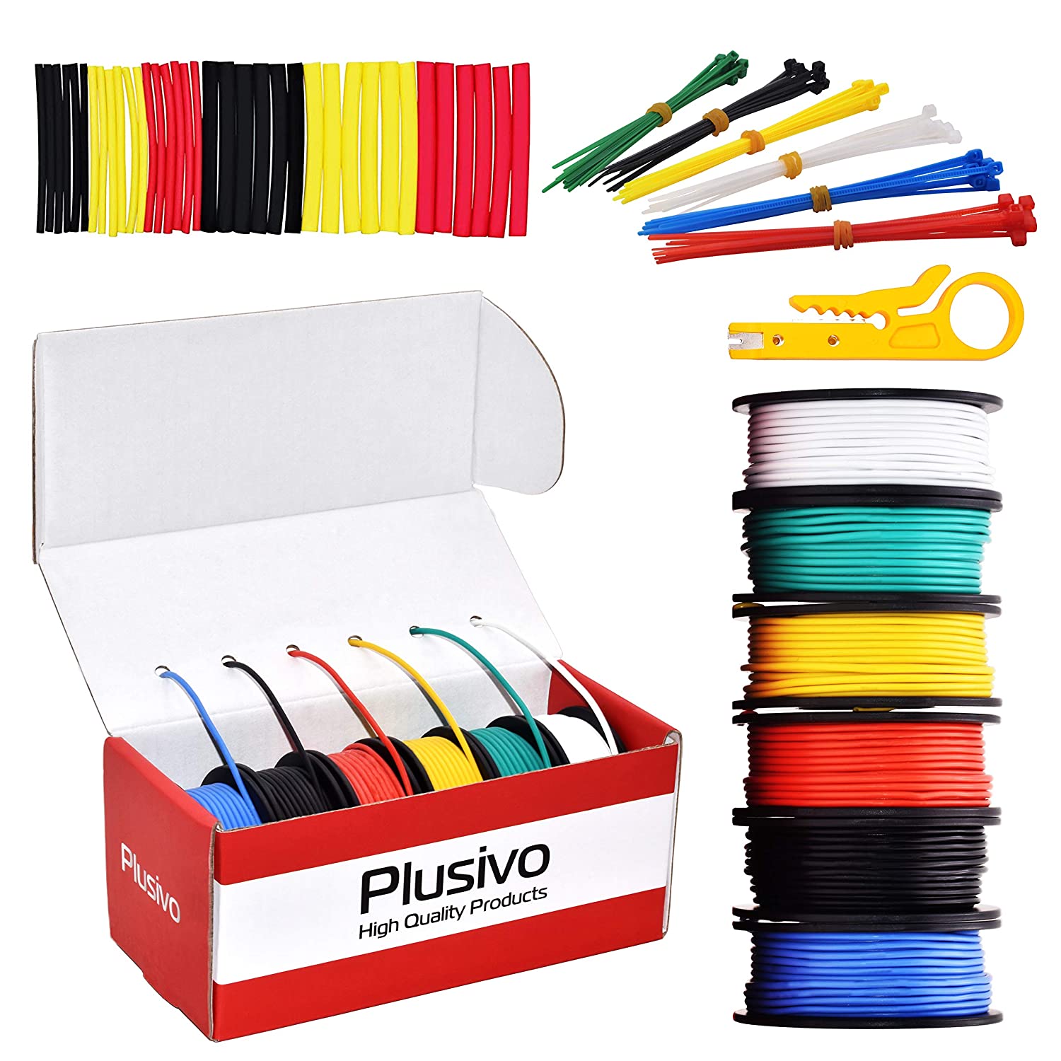 Plusivo Hookup Wire Kit (6 colors, 11 m (36 FT) each, AWG 24, Solid Wire)  PVC Jacket